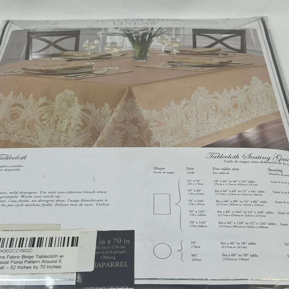 Waterford Linens Chaparrel Beige Fabric Tablecloth 52x70 Oblong Floral Jacquard